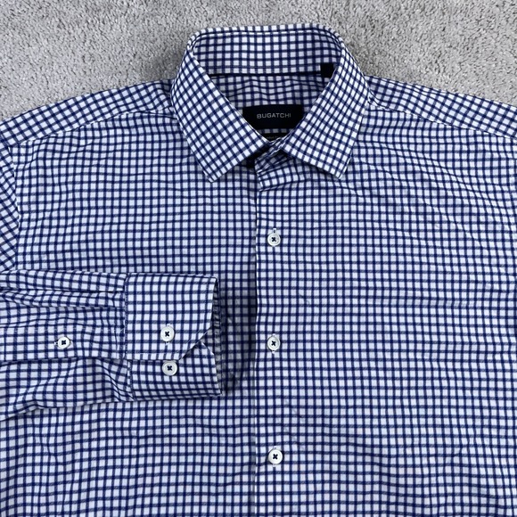 Bugatchi Shirt Mens 15.5 34 Blue Gingham Checkered Comfort Stretch Cotton - Picture 1 of 14